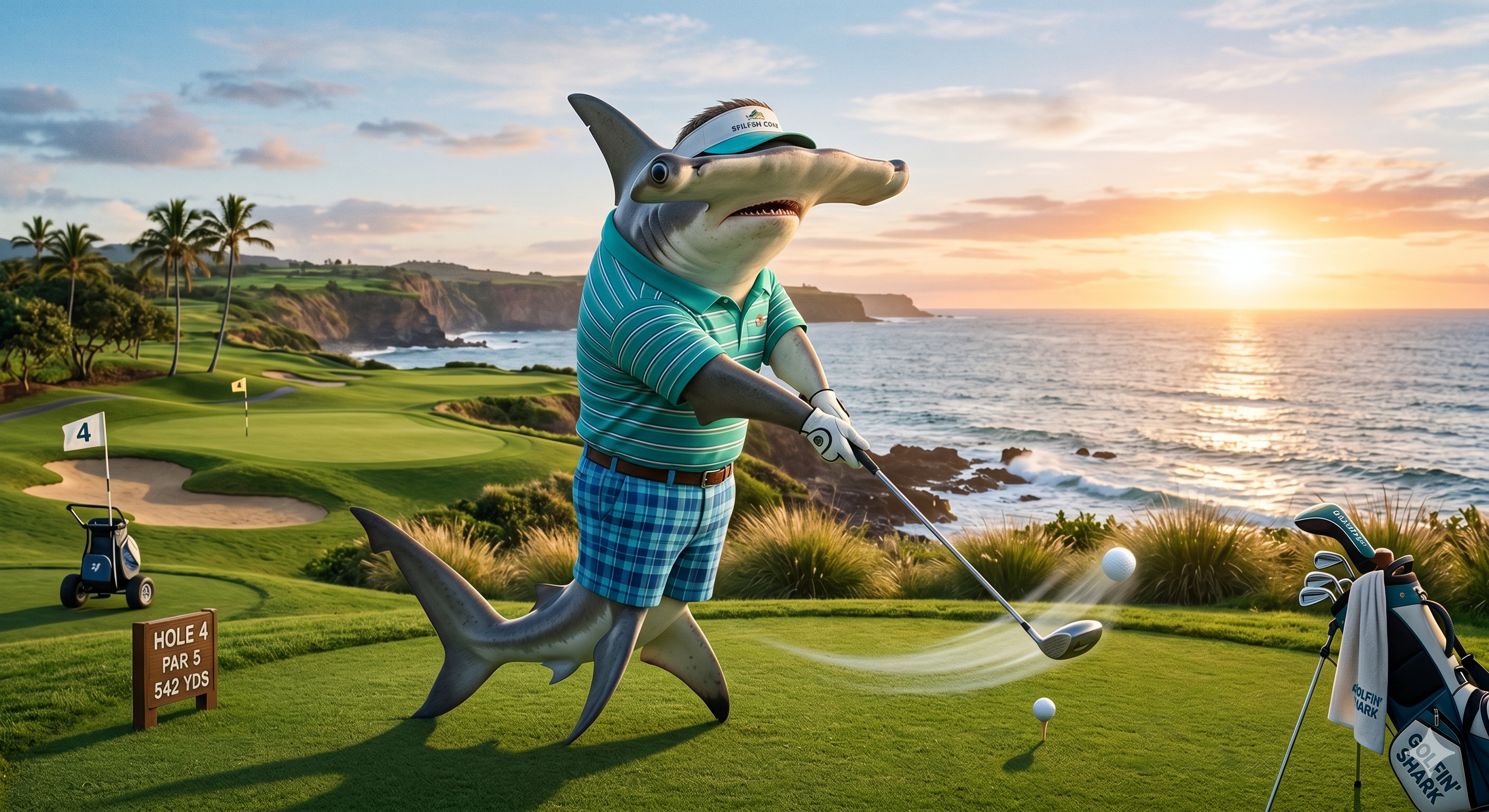 A hammerhead shark playing a perfect round of golf